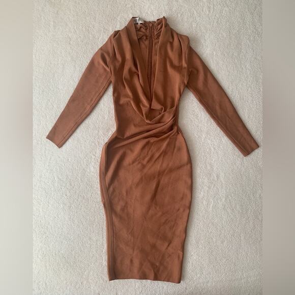 HOUSE OF CB Tan Brown Francesca Bandage Draped Cowl Stretch Midi Bodycon Dress - Picture 3 of 14